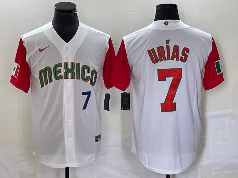 Mens Mexico Baseball #7 Julio Urias Number 2023 White Red World Classic Stitched Jersey 17